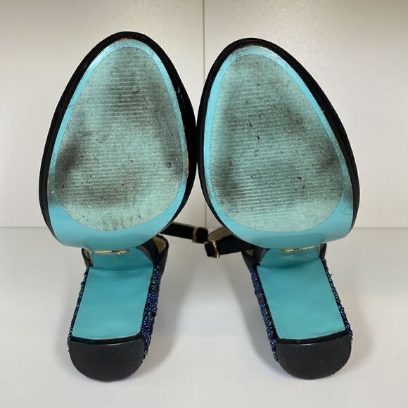 Blue by Betsey Johnson Embellished Black Silk Strap Block Heel Sybil Women's 6 - Picture 4 of 9